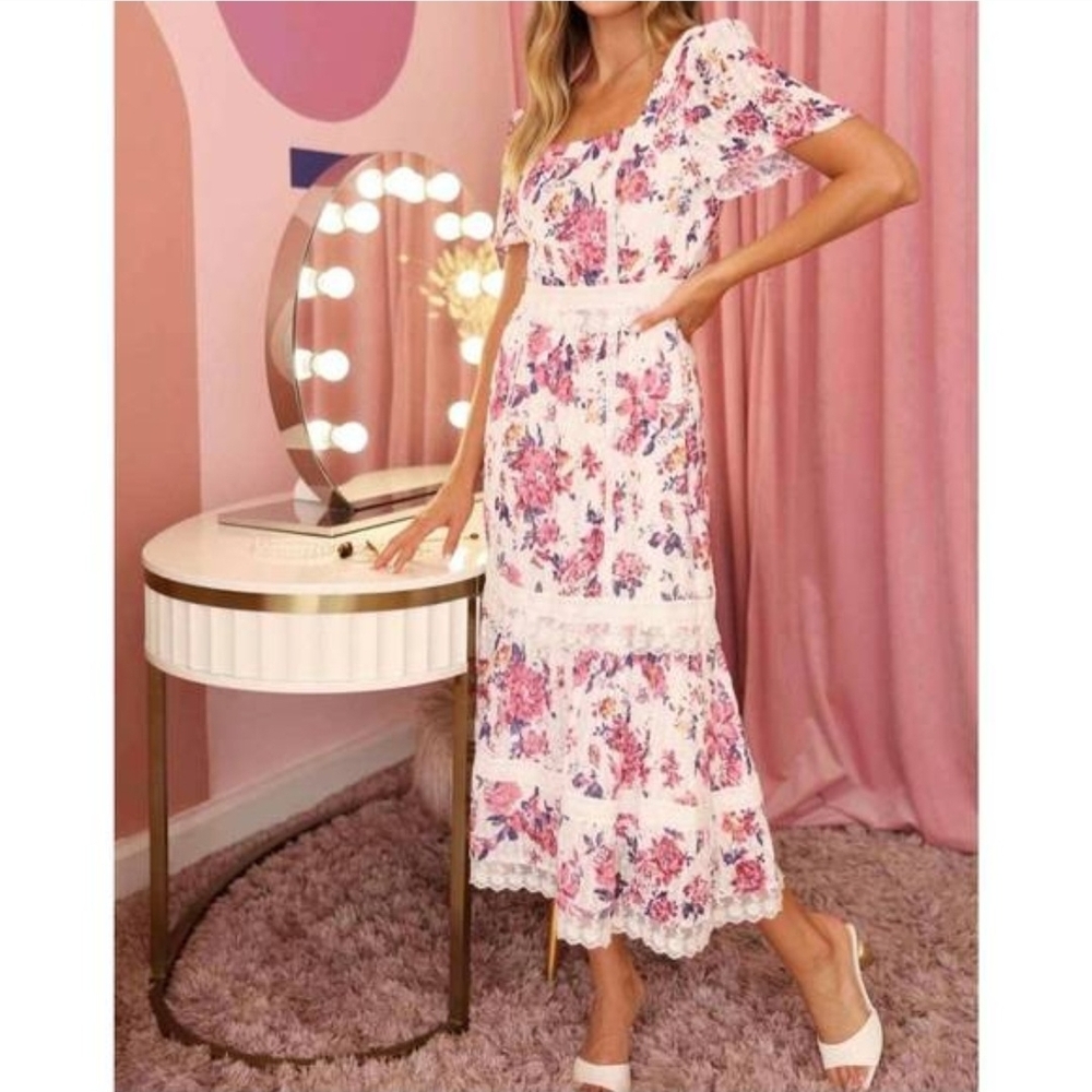 Adelyn Rae Freija Floral Lace Inset Midi  Dress Med Cottagecore Picnic Coquette